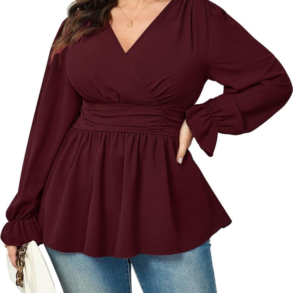 Red Wrap Peplum Blouse with Long Sleeves
